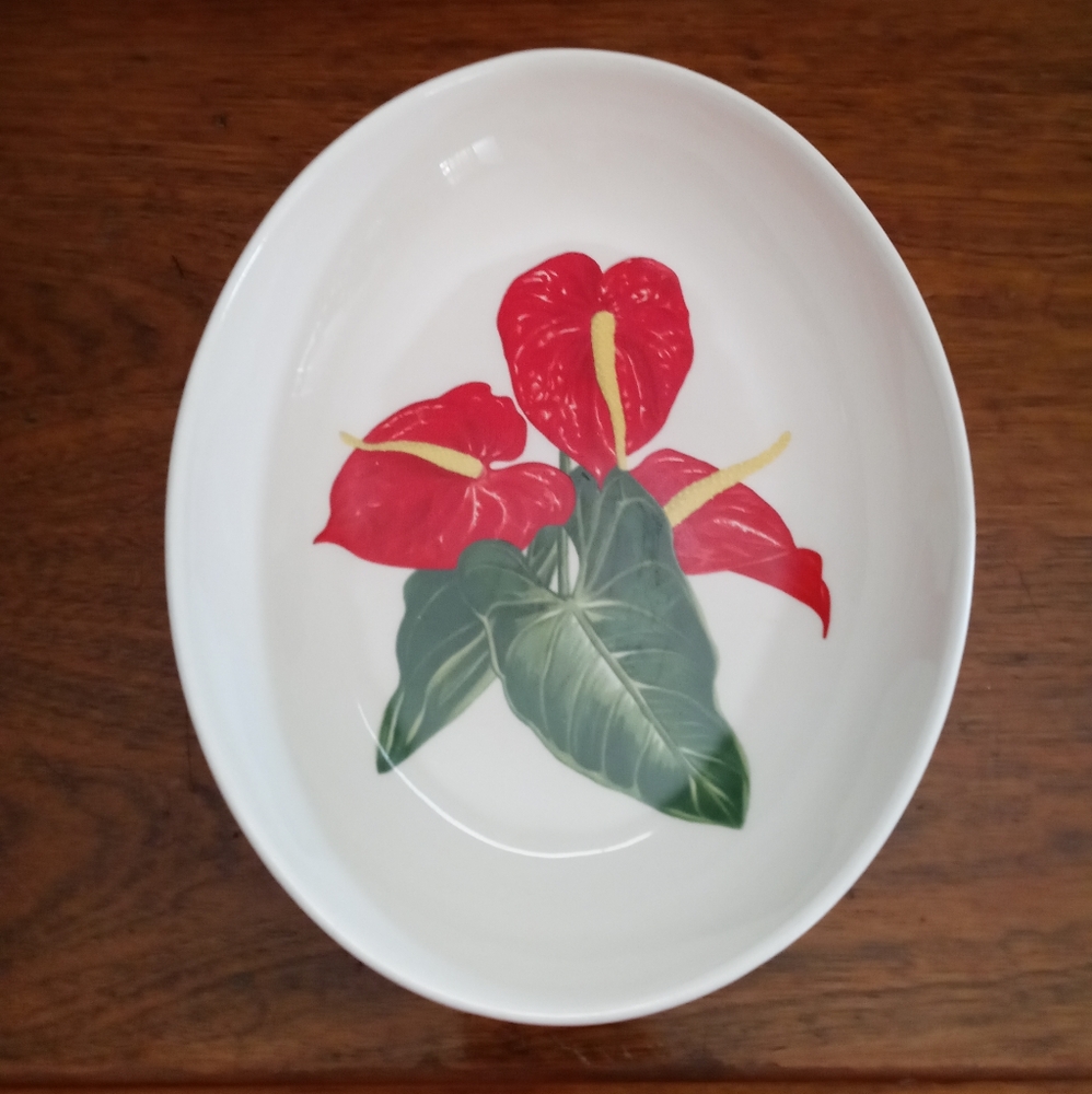Vintage Santa Anita Ware the Flowers of Hawaii's Red Anthurium Oval Serv…